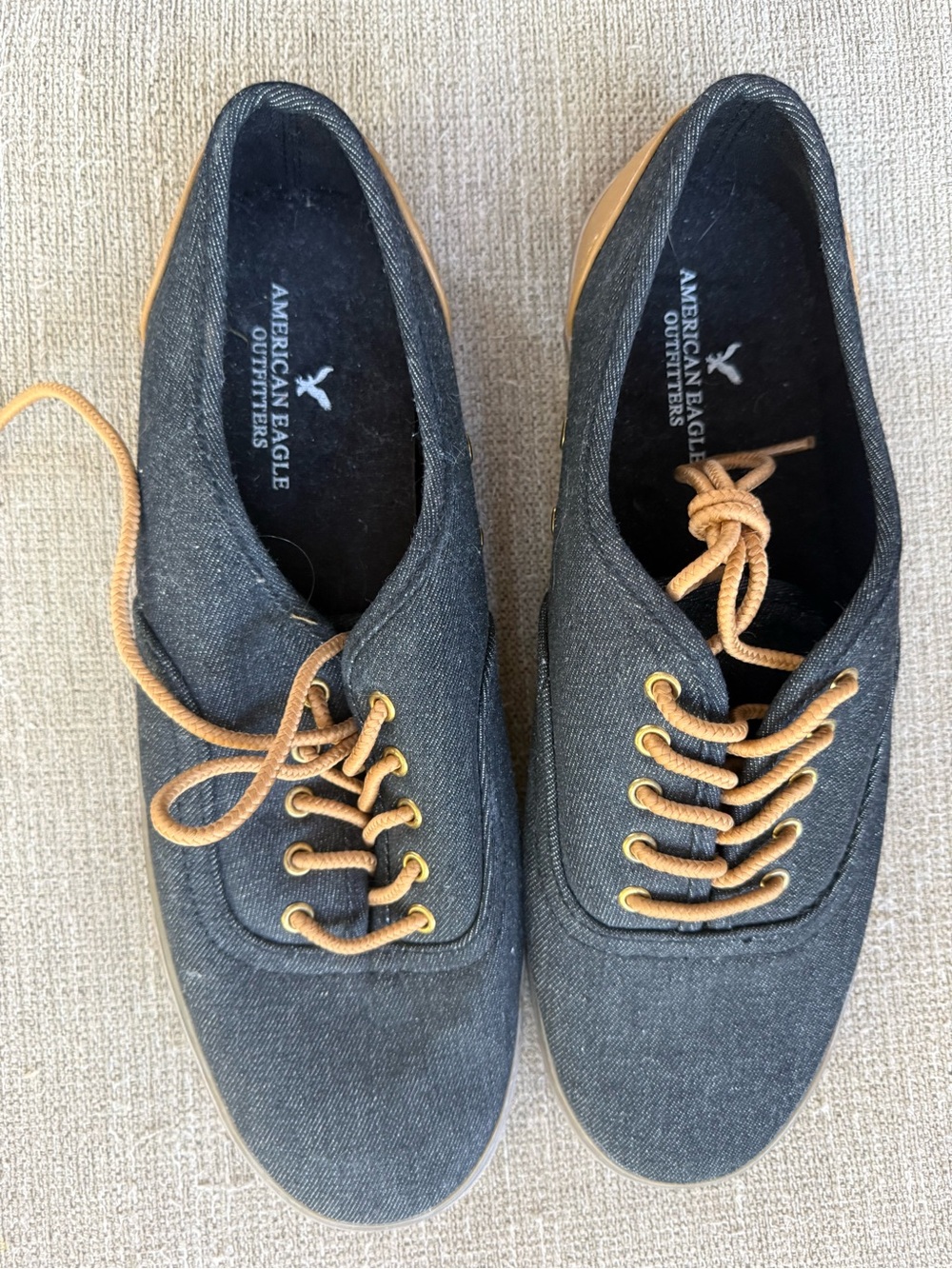 American Eagle Outfitters Men's Dark Blue Canvas Sneakers with Tan Laces